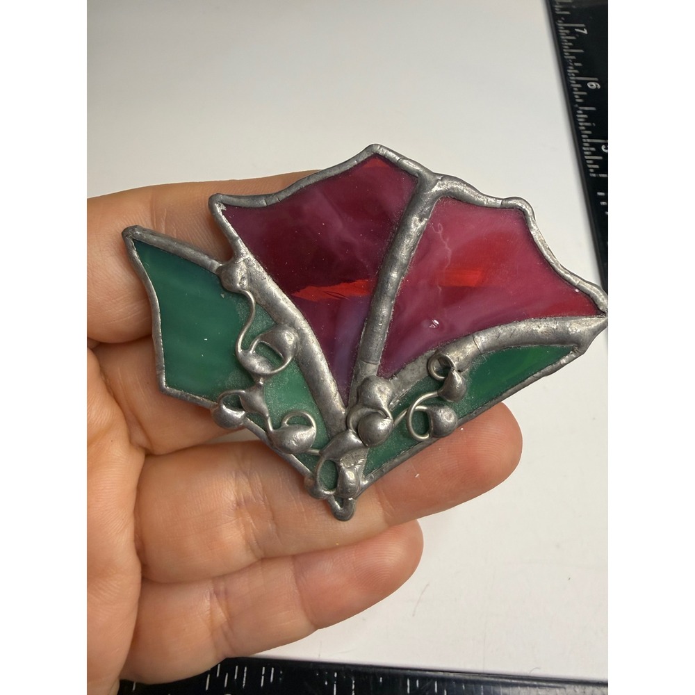 Artisan Stained Glass Brooch Red Green Floral Fan Lead Solder Pin Handmade